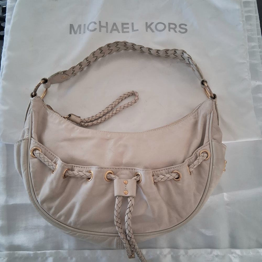 Michael Kors Light Beige Braided Leather Hobo Bag with Gold Hardware